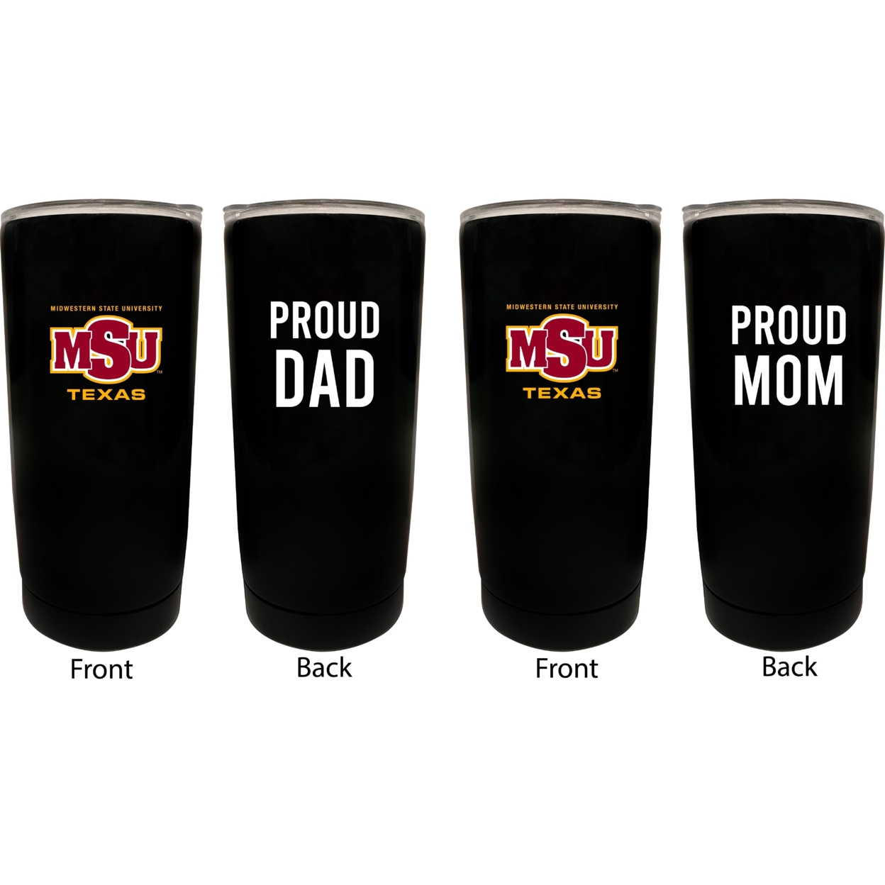 Midwestern State University Mustangs Proud Mom And Dad 16 Oz Insulated Stainless Steel Tumblers 2 Pack Black.