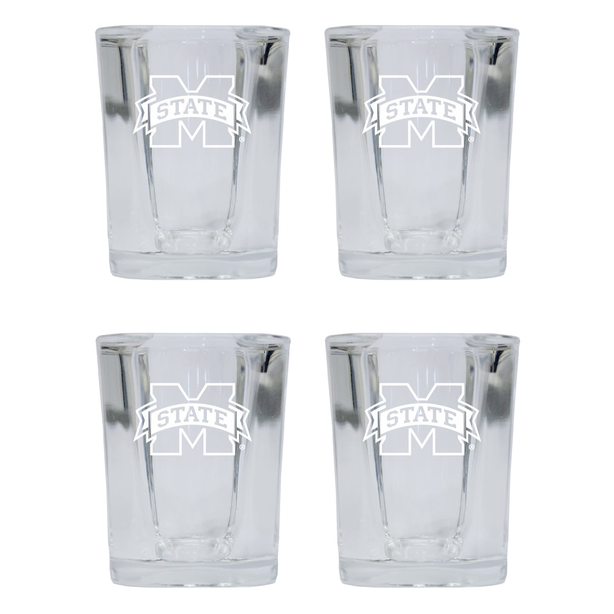 Mississippi State Bulldogs 2 Ounce Square Shot Glass Laser Etched Logo Design 4-Pack