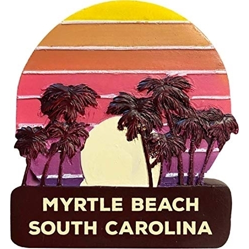 Myrtle Beach South Carolina Trendy Souvenir Hand Painted Resin Refrigerator Magnet Sunset And Palm Trees Design 3-Inch Approximately
