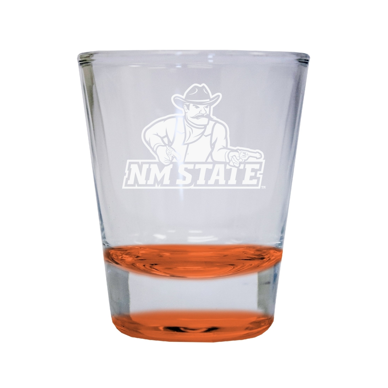 New Mexico State University Pistol Pete Etched Round Shot Glass 2 Oz Orange