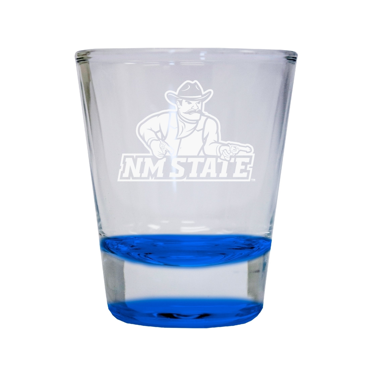 New Mexico State University Pistol Pete Etched Round Shot Glass 2 Oz Blue
