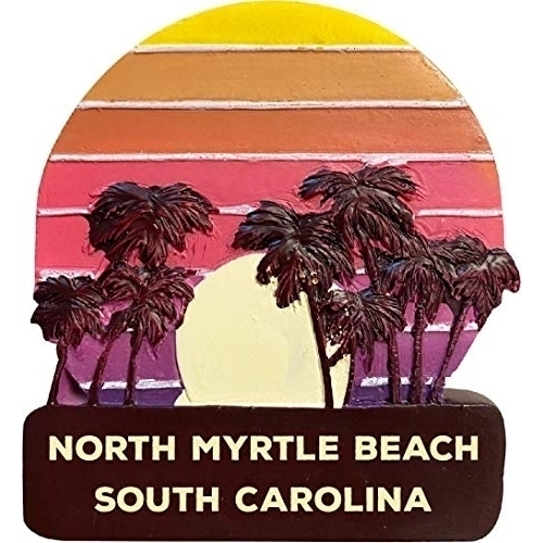 North Myrtle Beach South Carolina Trendy Souvenir Hand Painted Resin Refrigerator Magnet Sunset And Palm Trees Design 3-Inch Approximately
