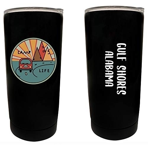 R And R Imports Gulf Shores Alabama Souvenir 16 Oz Stainless Steel Insulated Tumbler Camp Life Design Black.