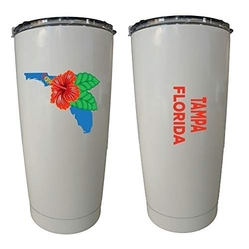 R And R Imports Tampa Florida 20 Oz Insulated Stainless Steel Tumbler Hibiscus Flower Design White.