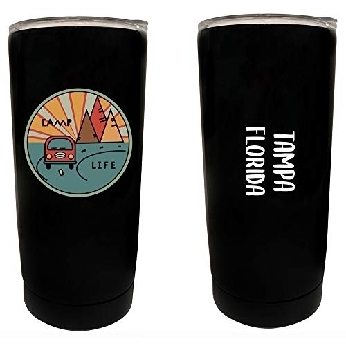 R And R Imports Tampa Florida Souvenir 16 Oz Stainless Steel Insulated Tumbler Camp Life Design Black.