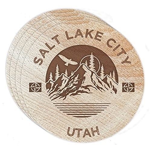 Salt Lake City Utah 4 Pack Engraved Wooden Coaster Camp Outdoors Design