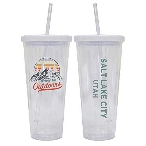 Salt Lake City Utah Camping 24 Oz Reusable Plastic Straw Tumbler W/Lid & Straw 2-Pack