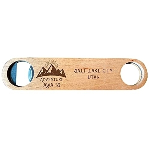 Salt Lake City Utah Laser Engraved Wooden Bottle Opener Adventure Awaits Design