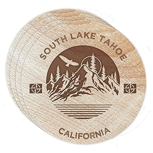 South Lake Tahoe California 4 Pack Engraved Wooden Coaster Camp Outdoors Design