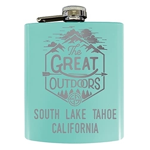 South Lake Tahoe California Laser Engraved Explore The Outdoors Souvenir 7 Oz Stainless Steel 7 Oz Flask Seafoam