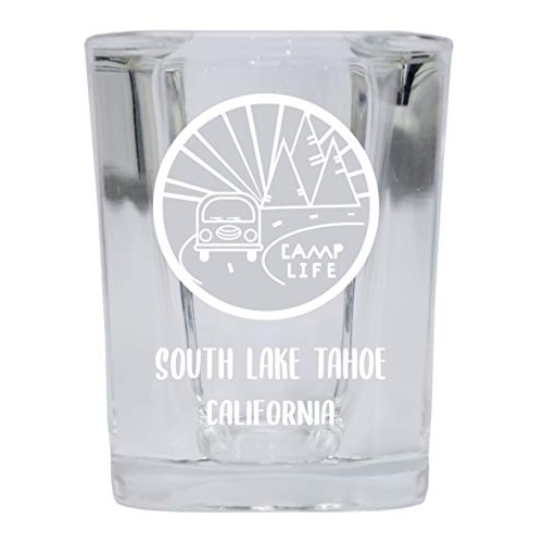 South Lake Tahoe California Souvenir Laser Engraved 2 Ounce Square Base Liquor Shot Glass 4-Pack Camp Life Design