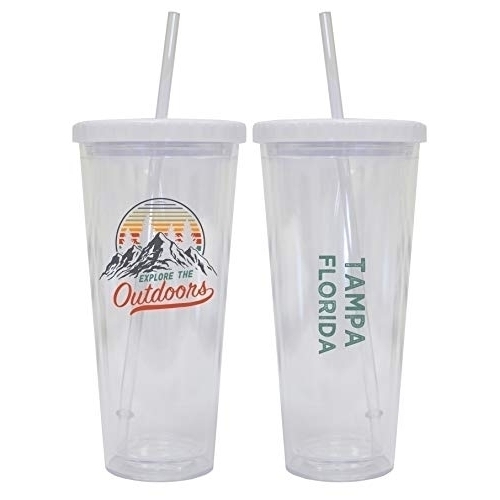 Tampa Florida Camping 24 Oz Reusable Plastic Straw Tumbler W/Lid & Straw 2-Pack