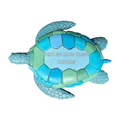 Turks And Caicos Islands Caribbean Souvenir Hand Painted Resin Refrigerator Magnet Sunset And Green Turtle Design 3-Inch Approximately