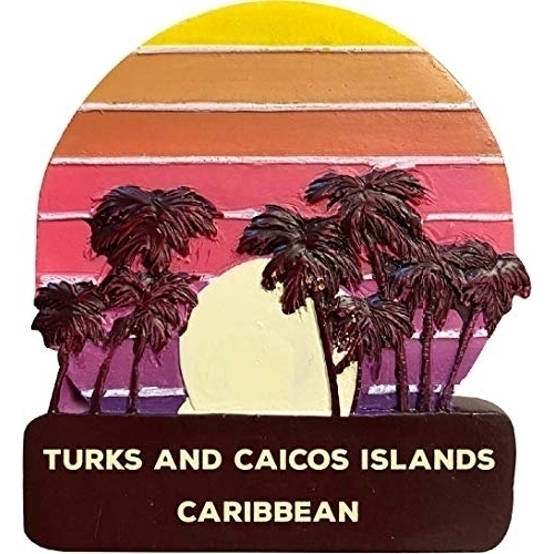 Turks And Caicos Islands Caribbean Trendy Souvenir Hand Painted Resin Refrigerator Magnet Sunset And Palm Trees Design 3-Inch Approximately
