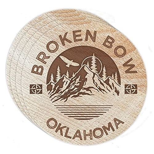 Broken Bow Oklahoma 4 Pack Engraved Wooden Coaster Camp Outdoors Design