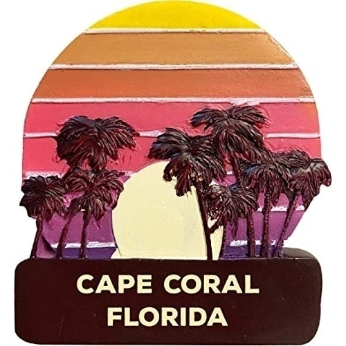 Cape Coral Florida Trendy Souvenir Hand Painted Resin Refrigerator Magnet Sunset And Palm Trees Design 3-Inch Approximately