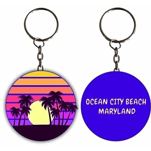 Ocean City Beach Maryland Sunset Palm Metal Keychain