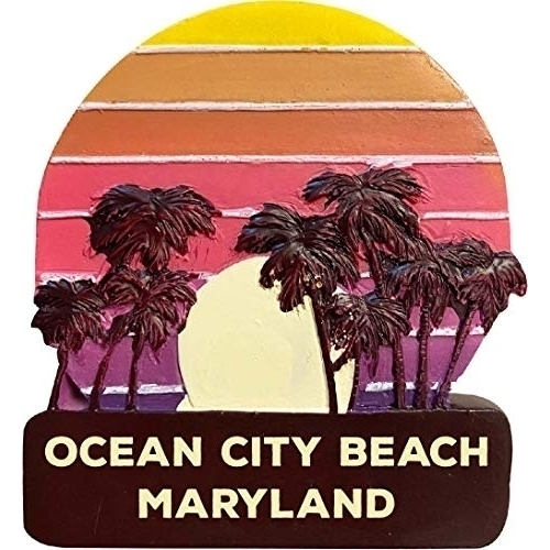 Ocean City Beach Maryland Trendy Souvenir Hand Painted Resin Refrigerator Magnet Sunset And Palm Trees Design 3-Inch Approximately