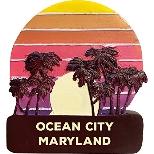 Ocean City Maryland Trendy Souvenir Hand Painted Resin Refrigerator Magnet Sunset And Palm Trees Design 3-Inch Approximately