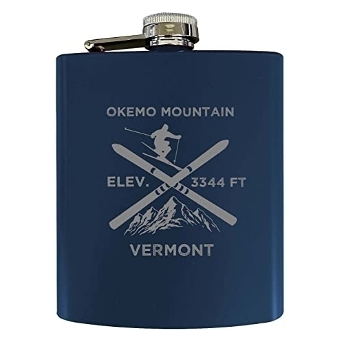 Okemo Mountain Vermont Ski Snowboard Winter Adventures Stainless Steel 7 Oz Flask Navy