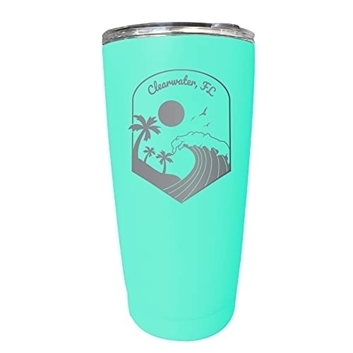 R And R Imports Clearwater Florida Etched 16 Oz Stainless Steel Tumbler Wave Design Seafoam.