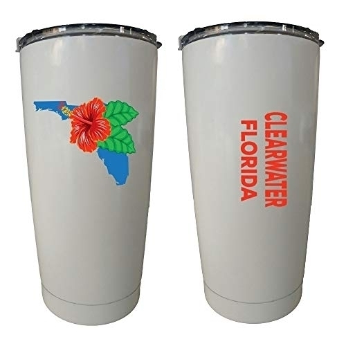 R And R Imports Clearwater Florida 20 Oz Insulated Stainless Steel Tumbler Hibiscus Flower Design White.