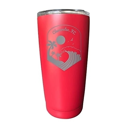 R And R Imports Clearwater Florida Etched 16 Oz Stainless Steel Tumbler Wave Design Red.