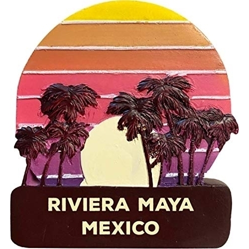 Riviera Maya Mexico Trendy Souvenir Hand Painted Resin Refrigerator Magnet Sunset And Palm Trees Design 3-Inch Approximately