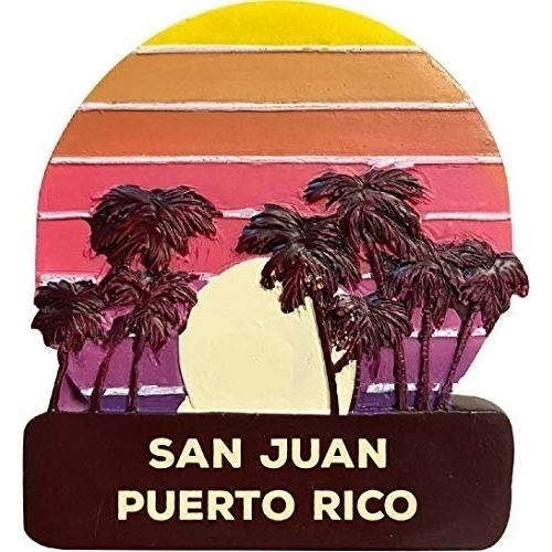 San Juan Puerto Rico Trendy Souvenir Hand Painted Resin Refrigerator Magnet Sunset And Palm Trees Design 3-Inch Approximately