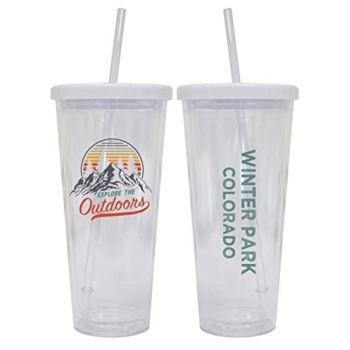 Winter Park Colorado Camping 24 Oz Reusable Plastic Straw Tumbler W/Lid & Straw 2-Pack