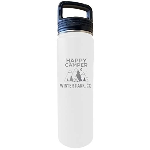 Winter Park Colorado Happy Camper 32 Oz Engraved White Insulated Double Wall Stainless Steel Water Bottle Tumbler