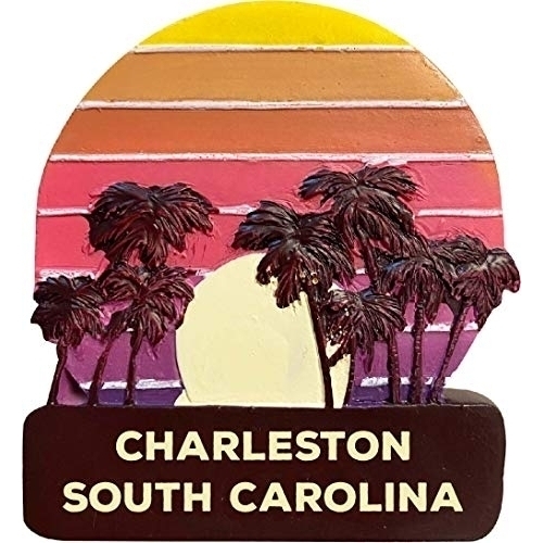Charleston South Carolina Trendy Souvenir Hand Painted Resin Refrigerator Magnet Sunset And Palm Trees Design 3-Inch Approximately