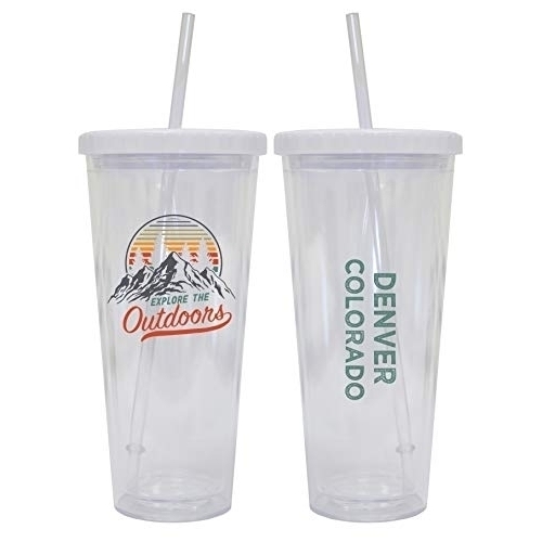 Denver Colorado Camping 24 Oz Reusable Plastic Straw Tumbler W/Lid & Straw