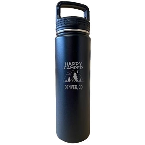 Denver Colorado Happy Camper 32 Oz Engraved Black Insulated Double Wall Stainless Steel Water Bottle Tumbler