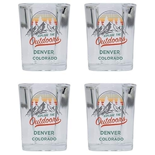 Denver Colorado Explore The Outdoors Souvenir 2 Ounce Square Base Liquor Shot Glass 4-Pack