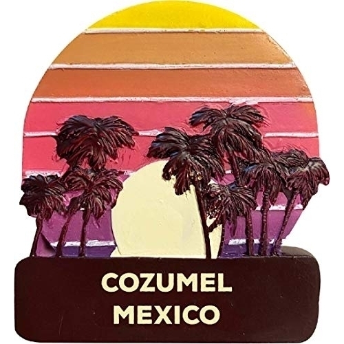 Cozumel Mexico Trendy Souvenir Hand Painted Resin Refrigerator Magnet Sunset And Palm Trees Design 3-Inch Approximately
