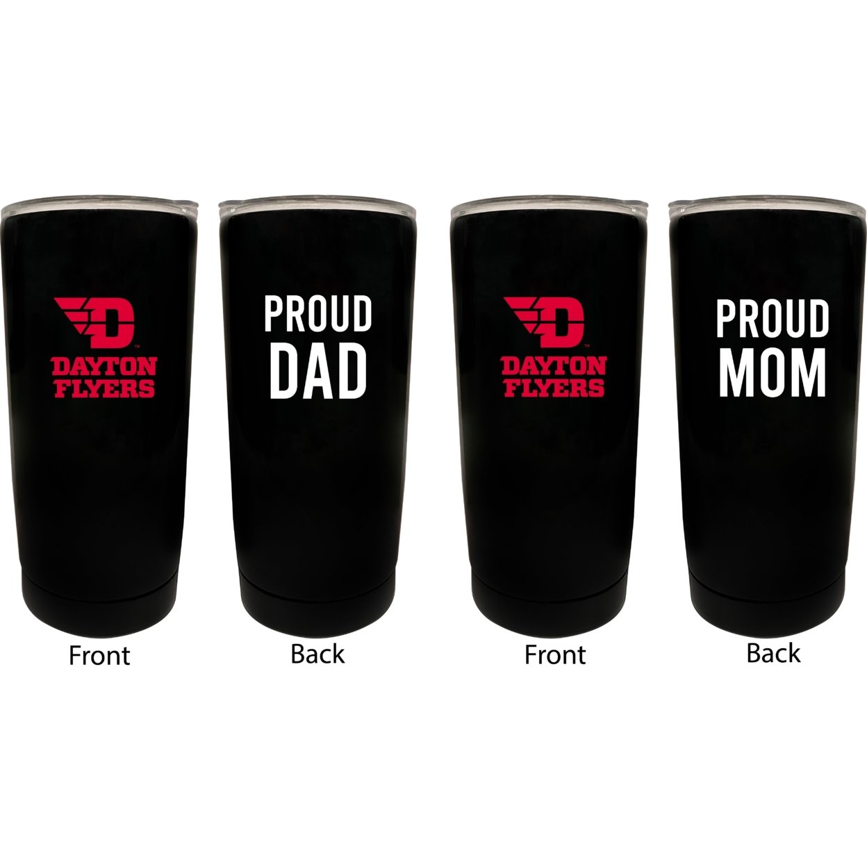 Dayton Flyers Proud Mom And Dad 16 Oz Insulated Stainless Steel Tumblers 2 Pack Black.