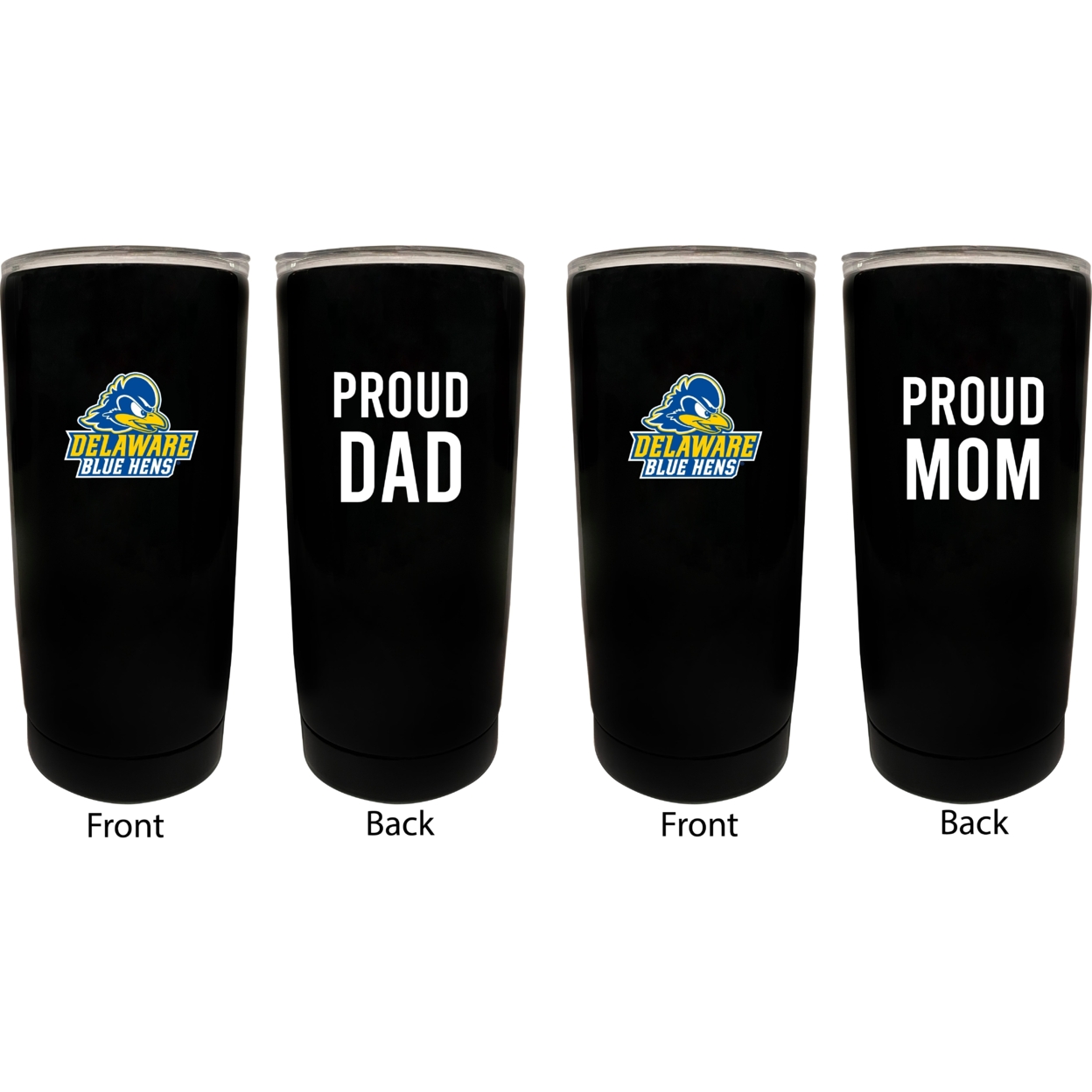 Delaware Blue Hens Proud Mom And Dad 16 Oz Insulated Stainless Steel Tumblers 2 Pack Black.