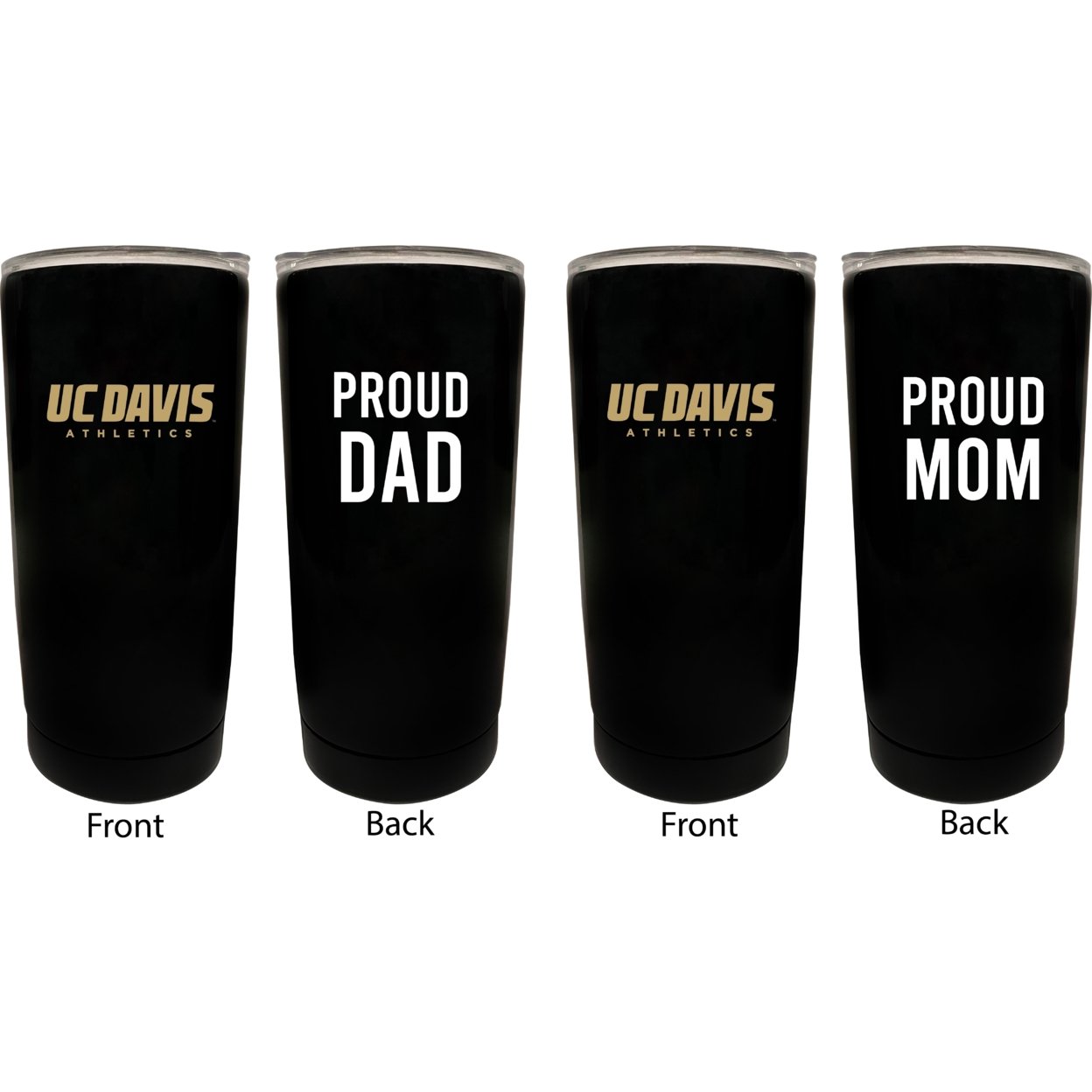 UC Davis Aggies Proud Mom And Dad 16 Oz Insulated Stainless Steel Tumblers 2 Pack Black.