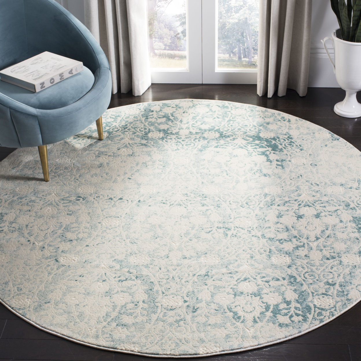 SAFAVIEH Passion Collection PAS403B Turquoise / Ivory Rug - 6' 7 Round