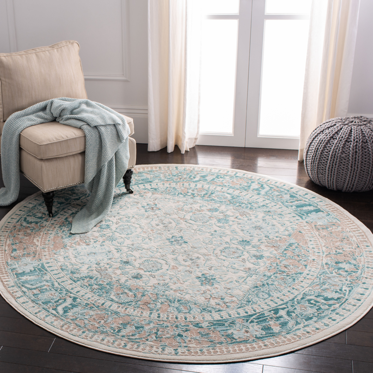 SAFAVIEH Passion Collection PAS405B Turquoise / Ivory Rug - 6' 7 Round