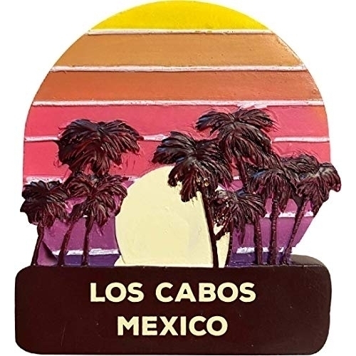 Los Cabos Mexico Trendy Souvenir Hand Painted Resin Refrigerator Magnet Sunset And Palm Trees Design 3-Inch Approximately
