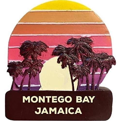 Montego Bay Jamaica Trendy Souvenir Hand Painted Resin Refrigerator Magnet Sunset And Palm Trees Design 3-Inch Approximately