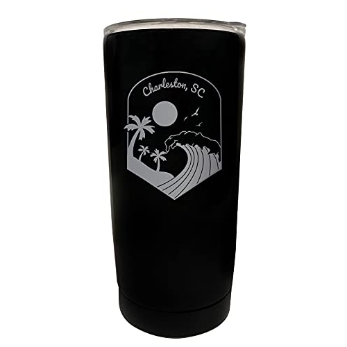 R And R Imports Charleston South Carolina Etched 16 Oz Stainless Steel Tumbler Wave Design Black.