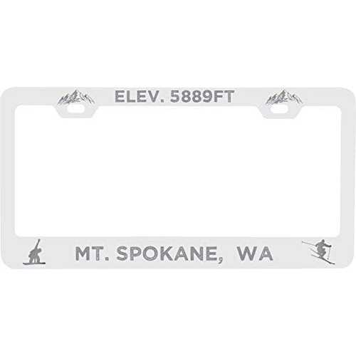 R And R Imports Mt. Spokane Washington Etched Metal License Plate Frame White