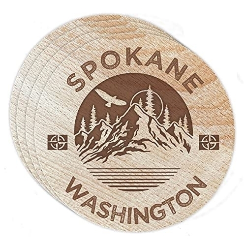 Spokane Washington 4 Pack Engraved Wooden Coaster Camp Outdoors Design