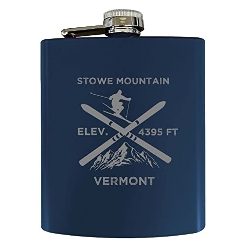Stowe Mountain Vermont Ski Snowboard Winter Adventures Stainless Steel 7 Oz Flask Navy