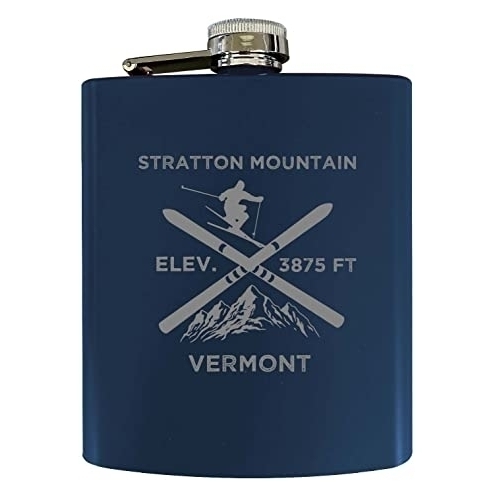Stratton Mountain Vermont Ski Snowboard Winter Adventures Stainless Steel 7 Oz Flask Navy