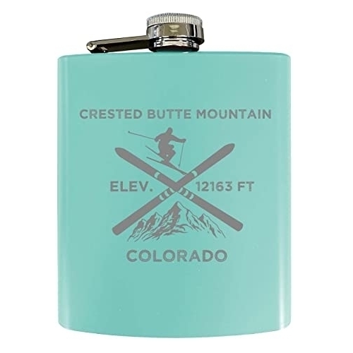 Crested Butte Mountain Colorado Ski Snowboard Winter Adventures Stainless Steel 7 Oz Flask Seafoam