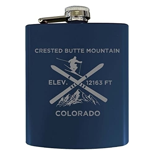 Crested Butte Mountain Colorado Ski Snowboard Winter Adventures Stainless Steel 7 Oz Flask Navy